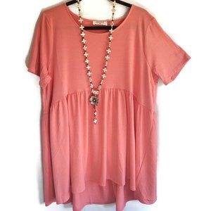 Zenana Top Plus Size Short Sleeve Flowy High Low Empire Waist Coral1X 2X 3X